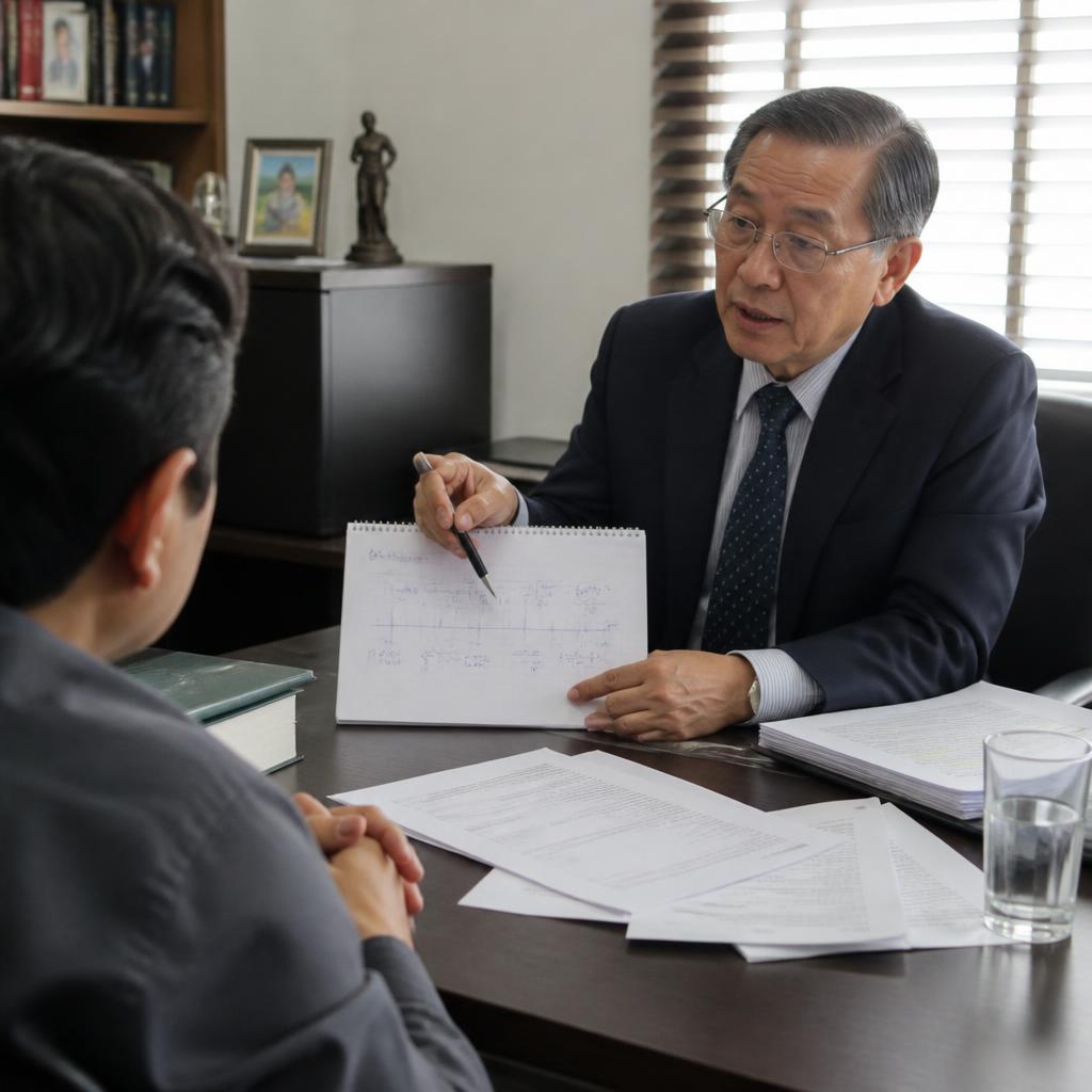 ทนายอาวุโสอธิบายลำดับขั้นของคดีบนกระดาษให้ลูกความฟังในห้องประชุม