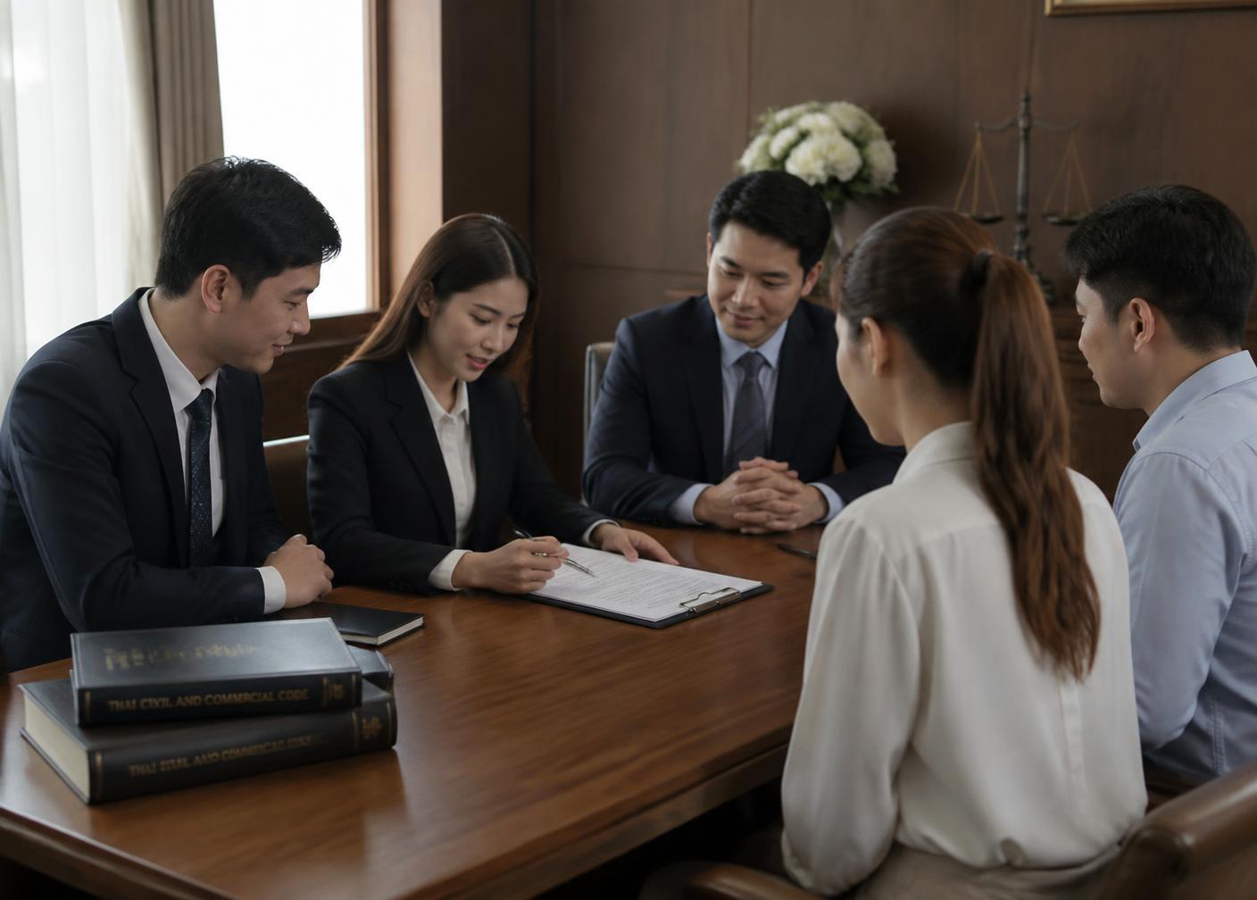 ทีมทนายความอธิบายร่างสัญญาให้ลูกความคู่สามีภรรยาในห้องประชุมสำนักงานกฎหมาย